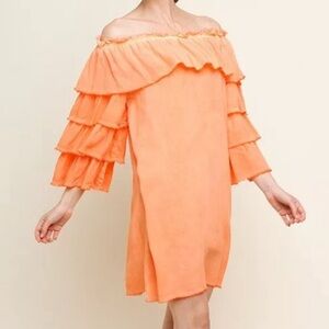Umgee Dress dyed off shoulder fold-over frayed layered bell sleeves peach orange